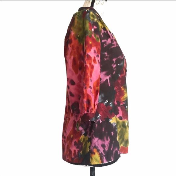 TRINA TURK Pink Green Silk Wool VNeck Floral Abstract Print 3/4 Blouse Top XS - Picture 3 of 8